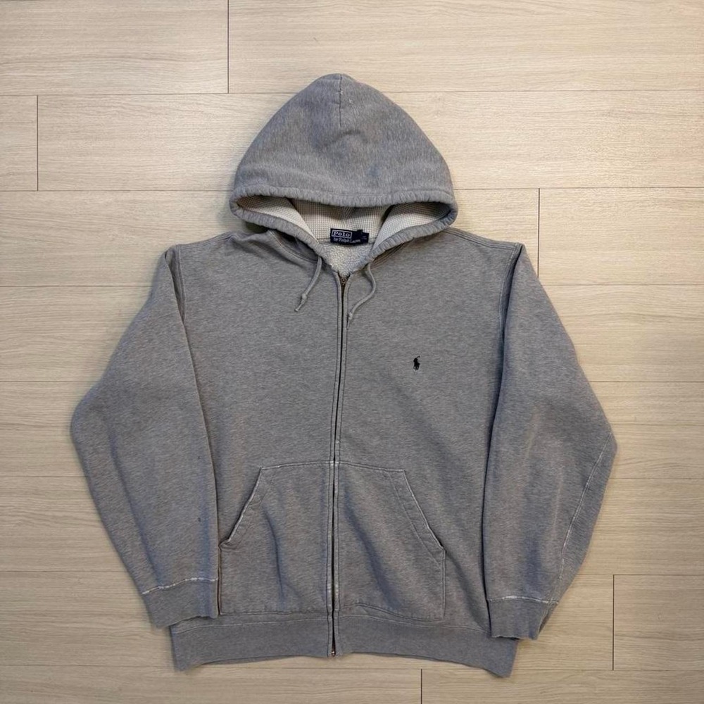 Vintage Gray Polo Ralph Lauren Thermal Hood Lined Full Zip Hoodie Mens Size XL
